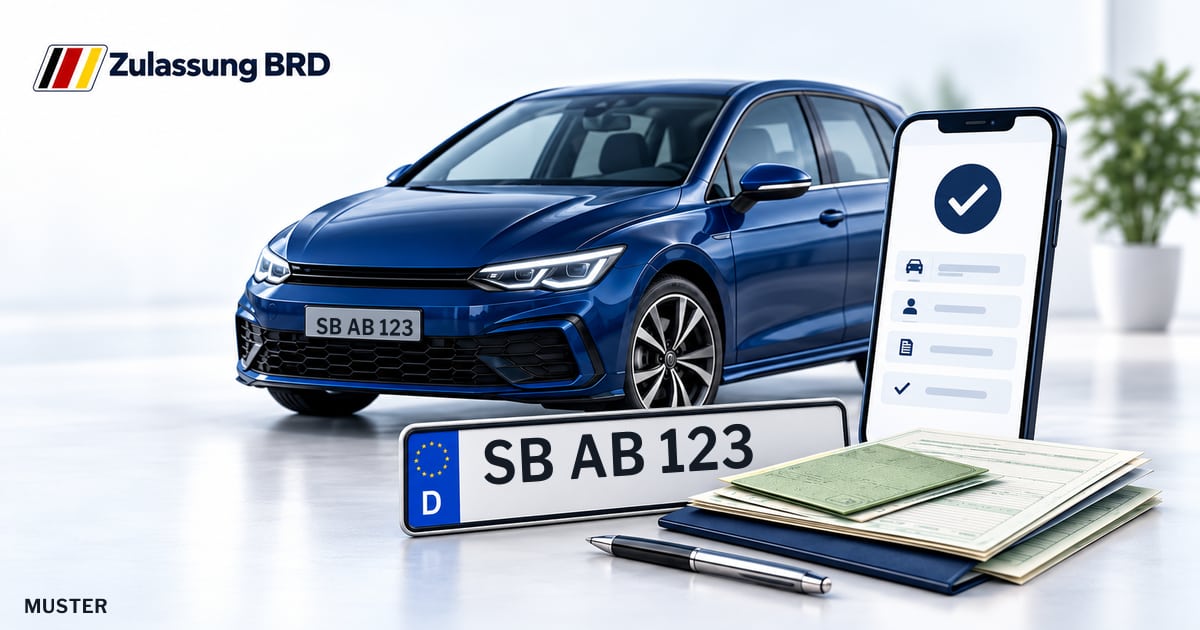 Online Fahrzeugzulassung in Quierschied: Musterkennzeichen SB AB 123, Auto und Fahrzeugpapiere und Smartphone. Illustration mit Logo von Zulassung BRD.